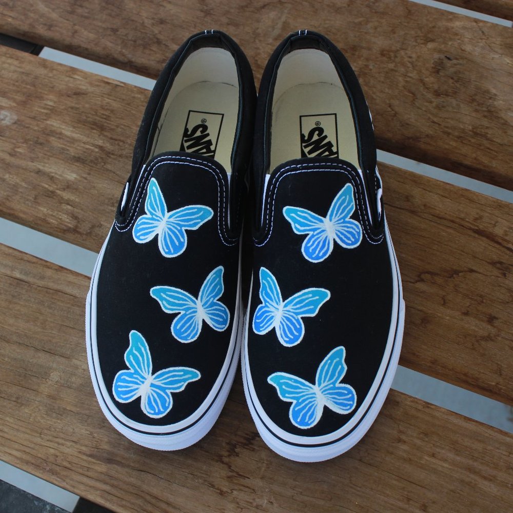 Custom Hand-Painted Butterfly Slip-on Vans